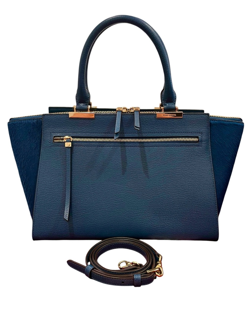 Henri Bendel Teal Calf Hair/Pebbled Leather Gotham Blocked Satchel Crossbody NEW